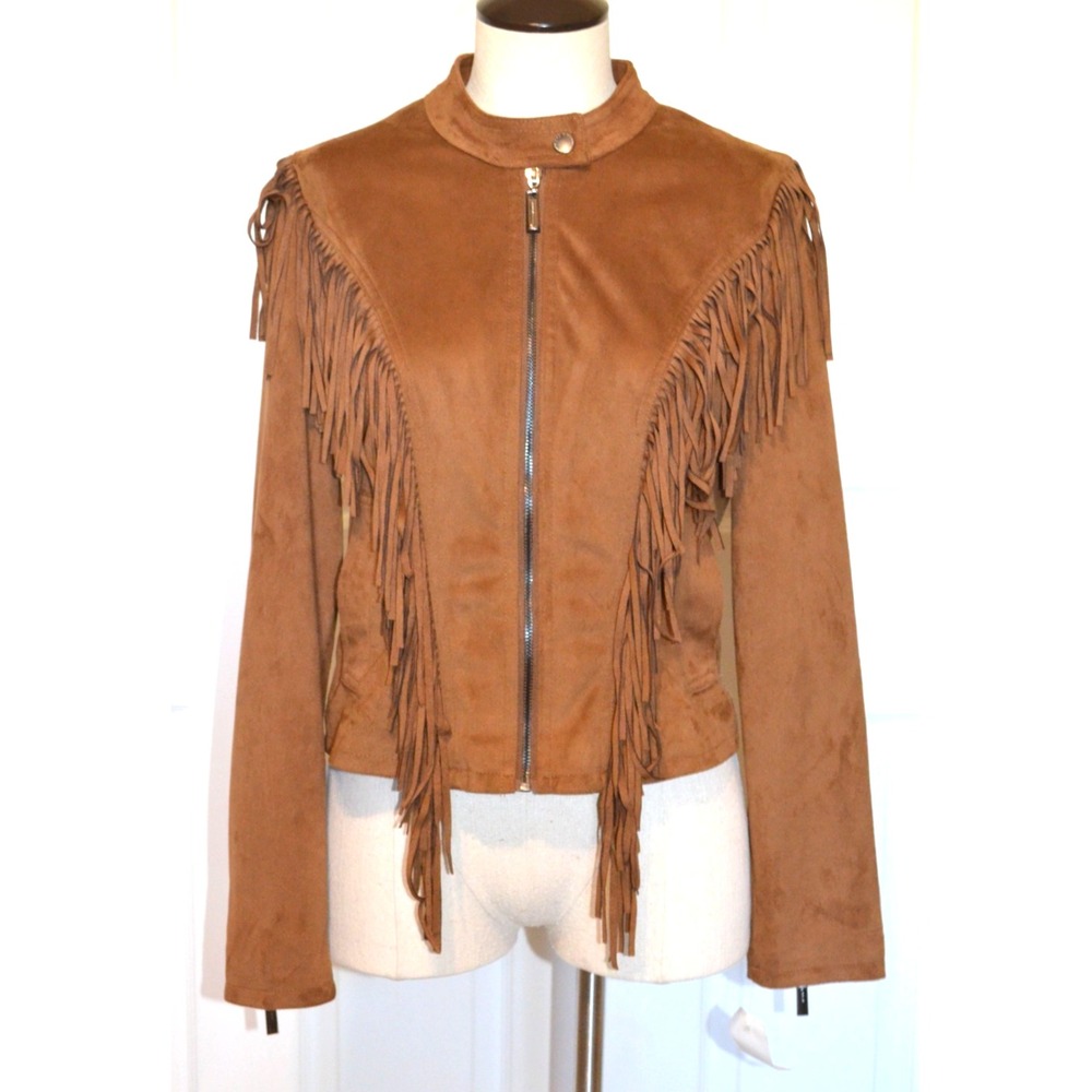 Jou Jou Brown Faux Leather‎ Suede Fringe Jacket Womens M Western Cowgirl Nwt's